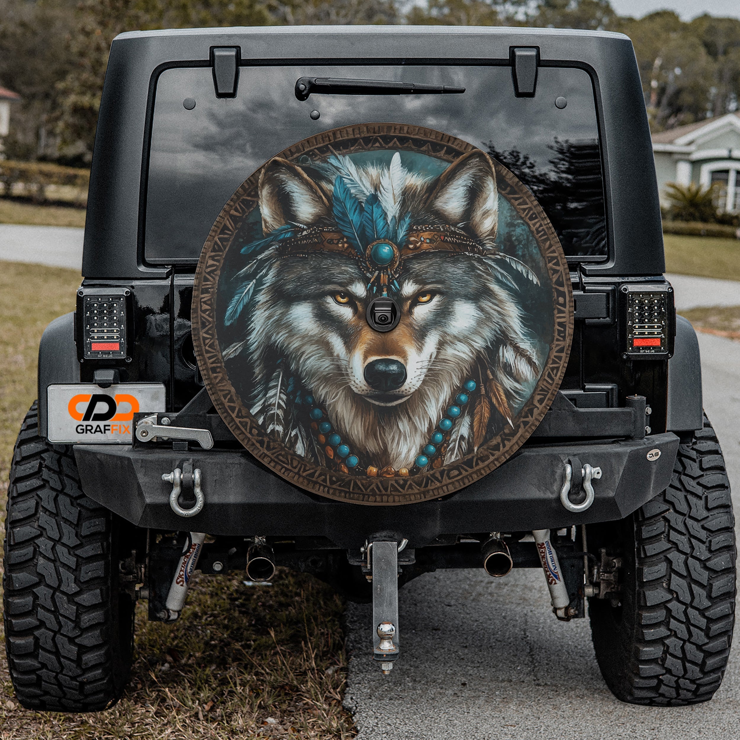 Wolf & the Wilding ウルフボンネット Native American Turquoise Wolf Tire Cover | Jeep Decal Store