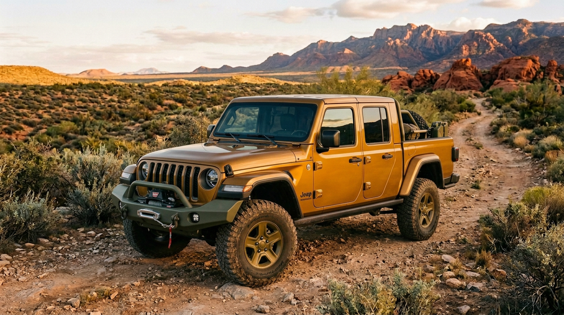 2026 Jeep Gladiator in Goldilocks amber gold parked on a desert trail at golden hour