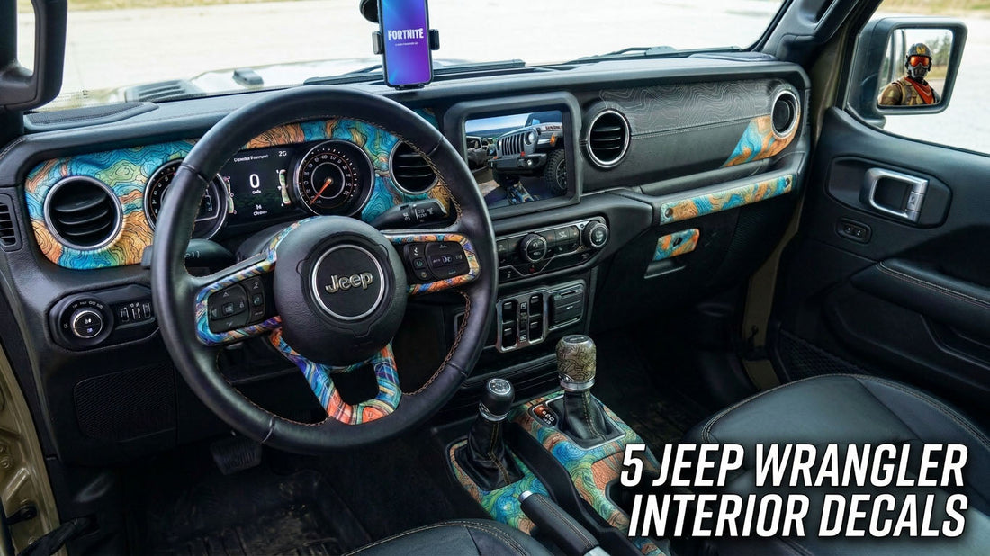 Jeep Wrangler interior personalized with vinyl decals and overlays on the steering wheel and dashboard