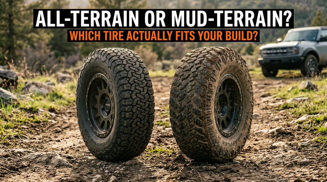 Two tires standing upright side by side on a dirt trail, a clean all-terrain tire on the left and a caked mud-terrain tire on the right, with a gray Ford Bronco parked behind them, under a headline reading All-Terrain or Mud-Terrain