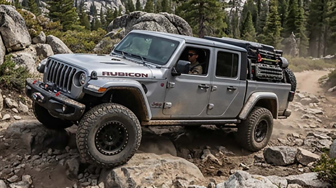 Billet Silver Metallic Jeep Gladiator Rubicon on an off-road trail
