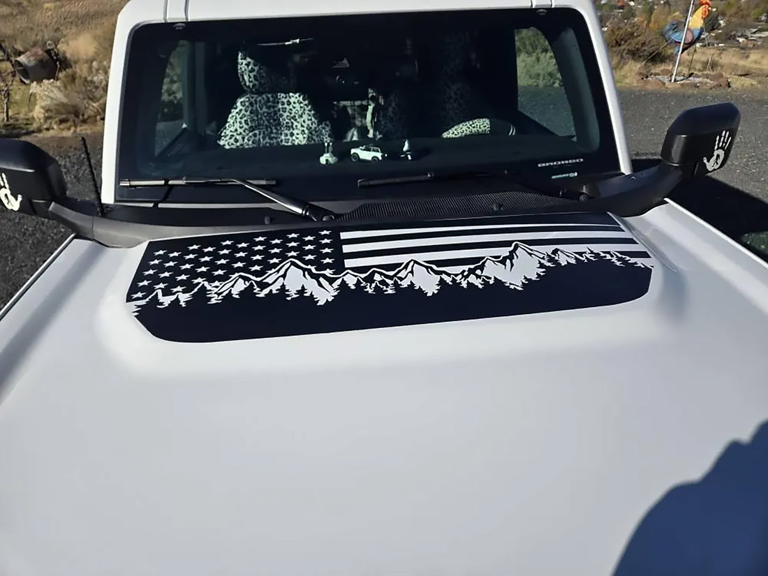 Ford Bronco with an American flag blackout hood vinyl decal installed on the hood