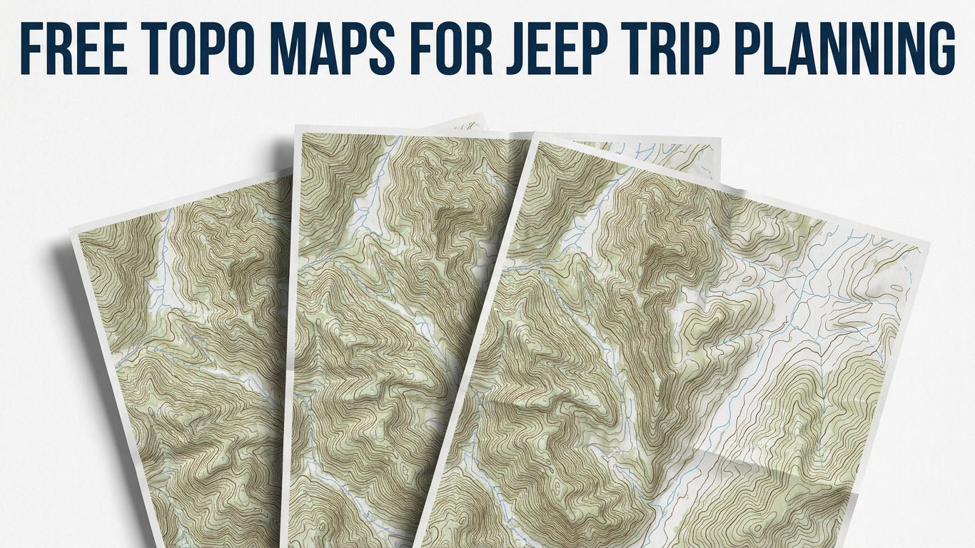 Three overlapping topographic map sheets showing brown elevation contour lines and blue creek lines, under a title reading Free Topo Maps for Jeep Trip Planning