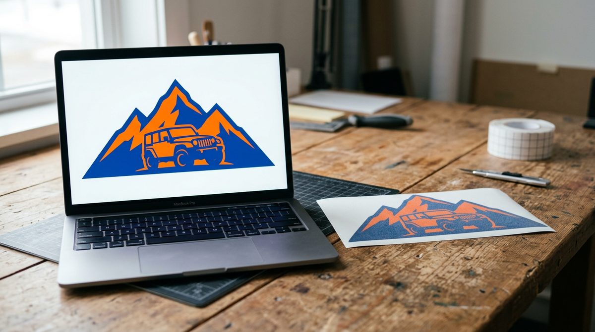 A laptop on a workbench showing a bright orange and blue mountain Jeep design beside a printed sheet of the same design in noticeably duller, more muted color