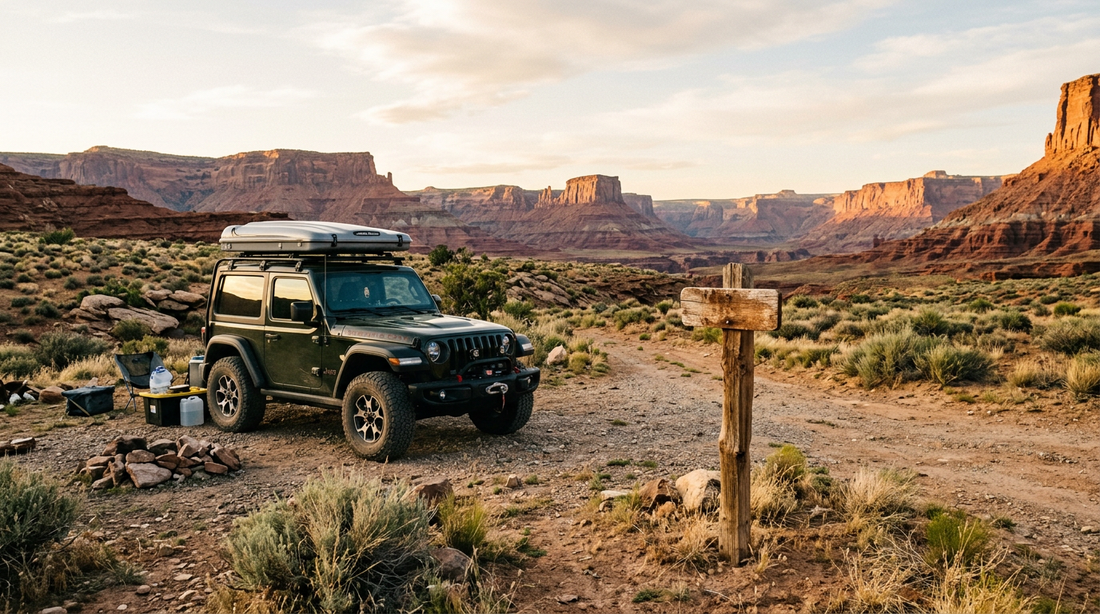 A dark green Jeep Wrangler with a rooftop tent parked at a desert campsite near red rock canyons, a blank wooden trail marker in the foreground at sunset