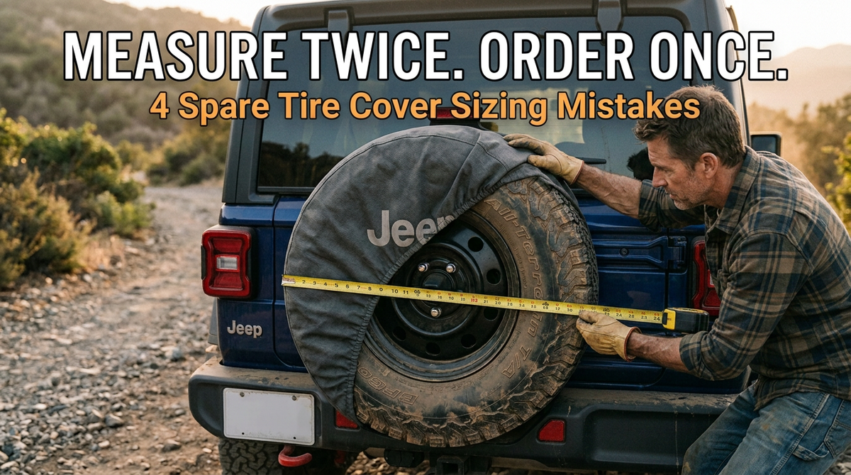 A man in a plaid shirt measures a fabric spare tire cover with a yellow tape measure on the tailgate of a blue Jeep Wrangler parked on a dirt trail