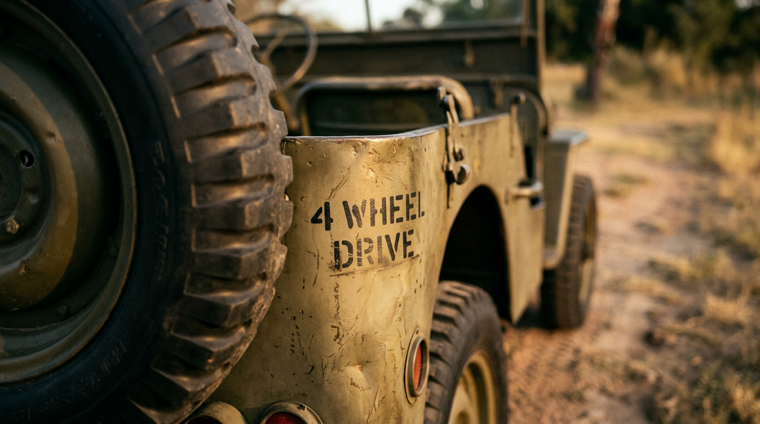 Weathered tan vintage Jeep parked on a dirt trail in evening light, with 4 WHEEL DRIVE stenciled in black on its rear body panel and the spare tire mounted at the left of the frame