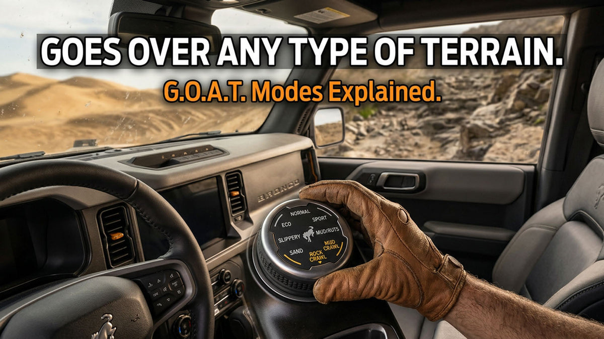 A gloved hand turning the G.O.A.T. terrain mode dial on a Ford Bronco's center console, with sand dunes and a rocky trail visible through the windshield