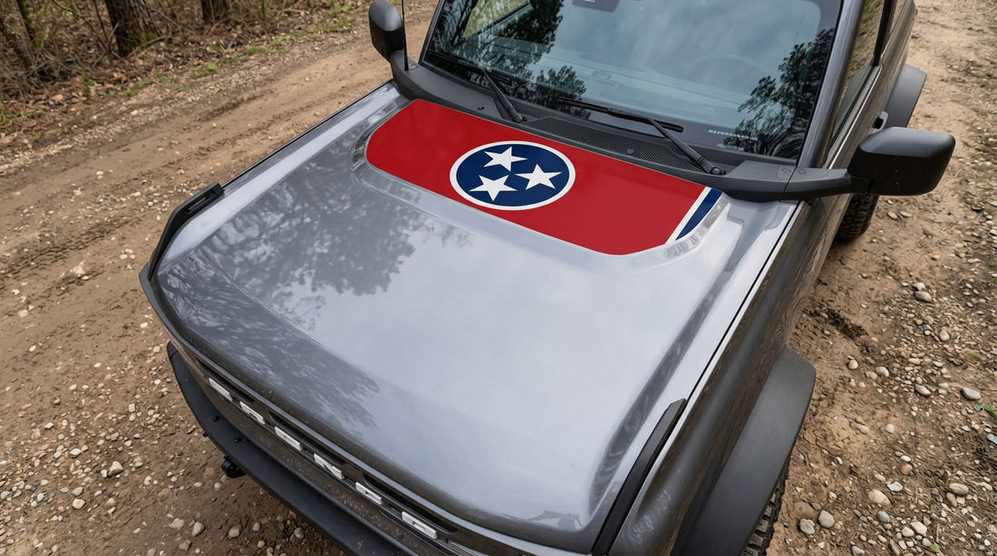 Printed Tennessee-themed hood graphic installed on the hood of a Ford Bronco