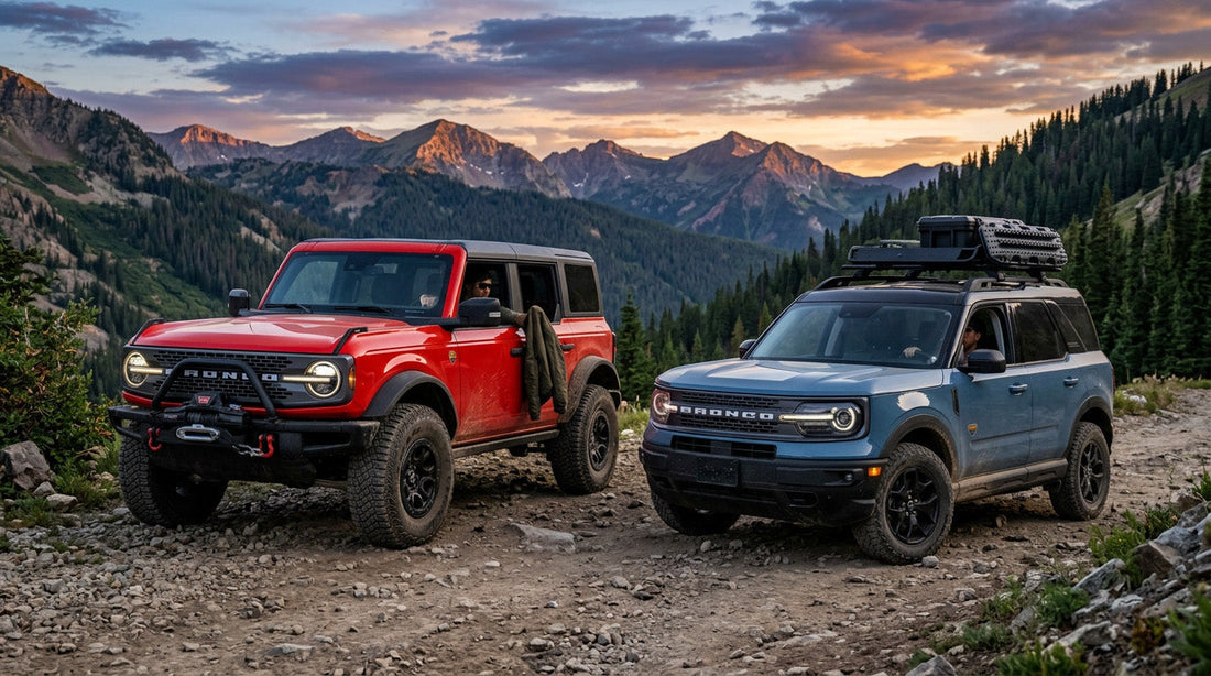 Ford Bronco and Ford Bronco Sport shown together to compare their size and body-style differences