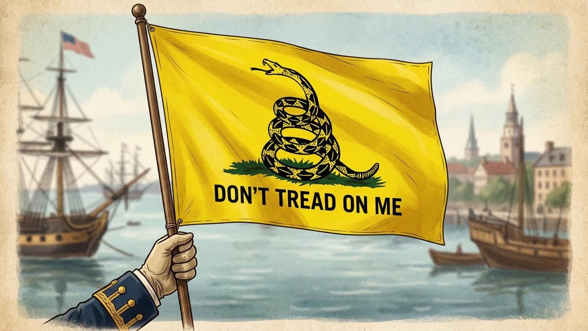 Gadsden flag with its coiled rattlesnake and Don't Tread on Me motto on a yellow field, the 1775 Continental Navy design