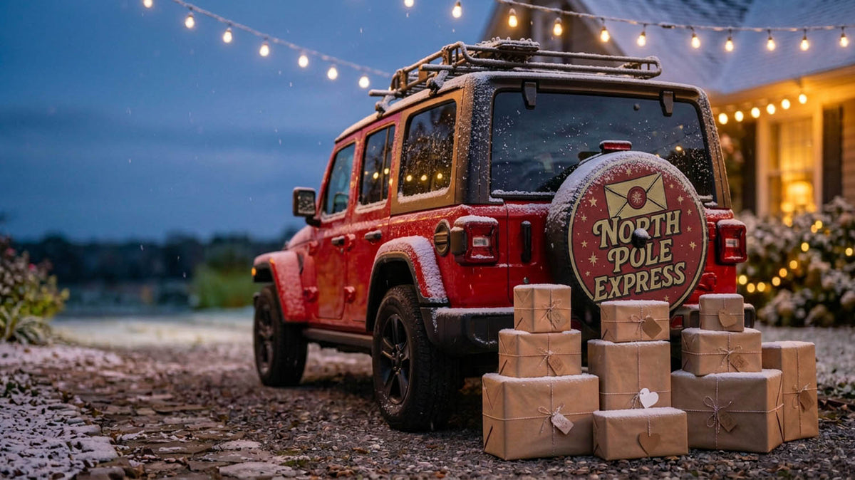 Red four-door Jeep Wrangler dusted with snow on a gravel driveway at dusk, its spare tire wearing a North Pole Express cover, with a stack of kraft-paper wrapped gifts beside it under warm string lights