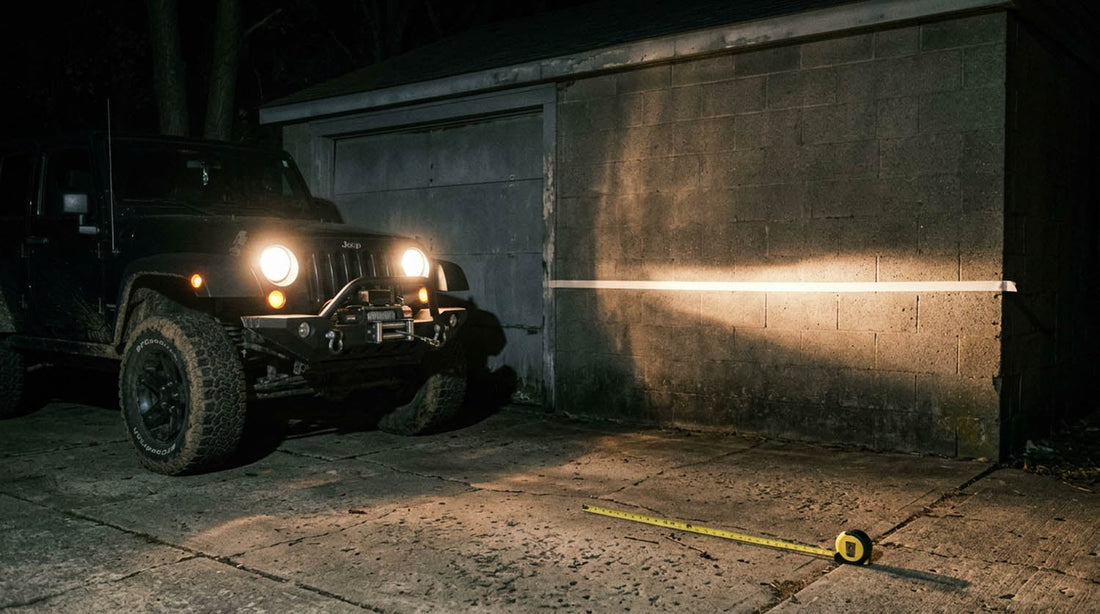Lifted Jeep Wrangler aimed at a garage wall after dark showing the low beam cutoff against a marked reference line