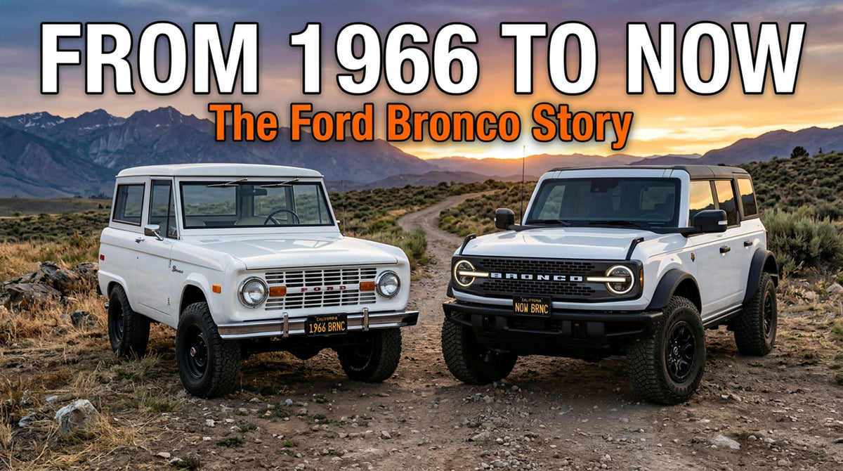 A classic white 1966 Ford Bronco parked beside a modern white four-door Ford Bronco on a dirt trail at sunset, showing the model across generations