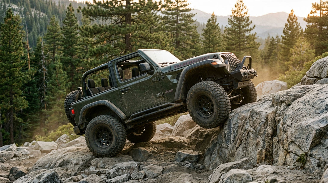 A hand on the transfer case shift lever in a Jeep Wrangler, shifting between four-wheel drive ranges