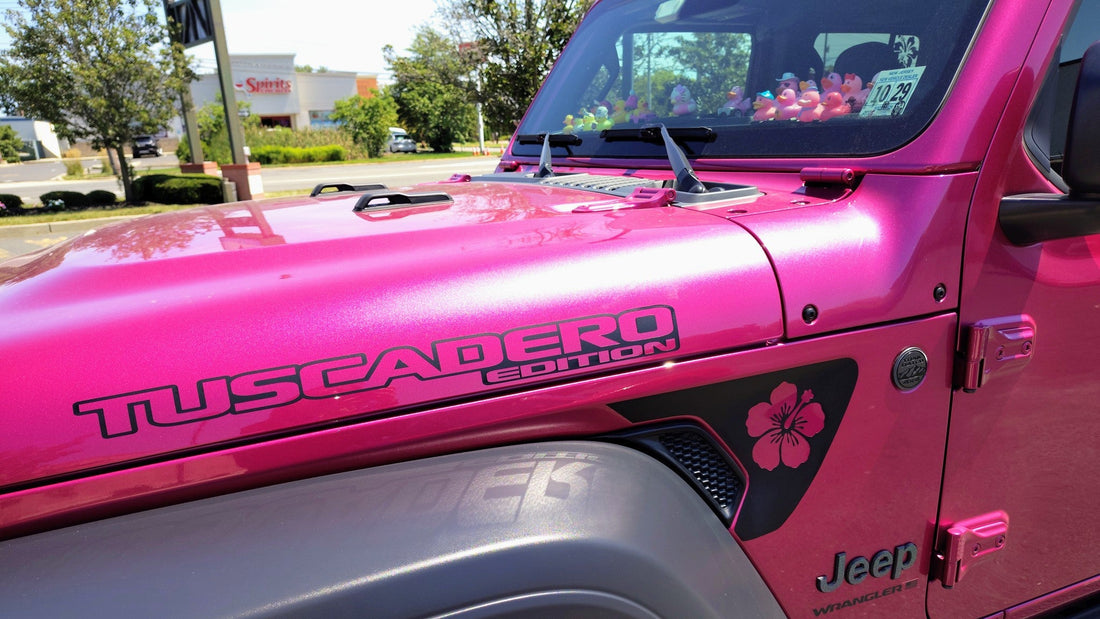 Jeep Decal Stores Custom Side Hood Decal on a Hot Pink Jeep Wrangler Hood