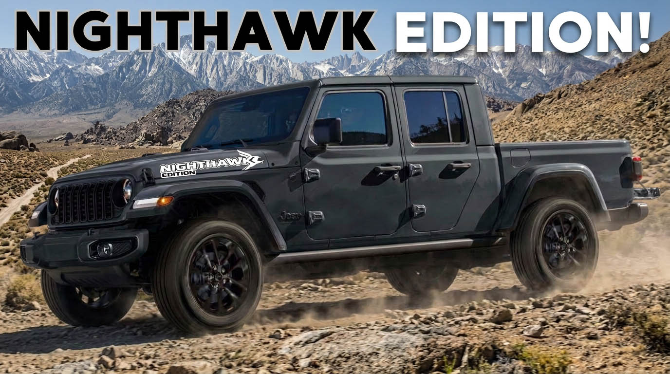 Dark grey Jeep Gladiator Nighthawk Edition on a desert trail with white Nighthawk Edition hood decals