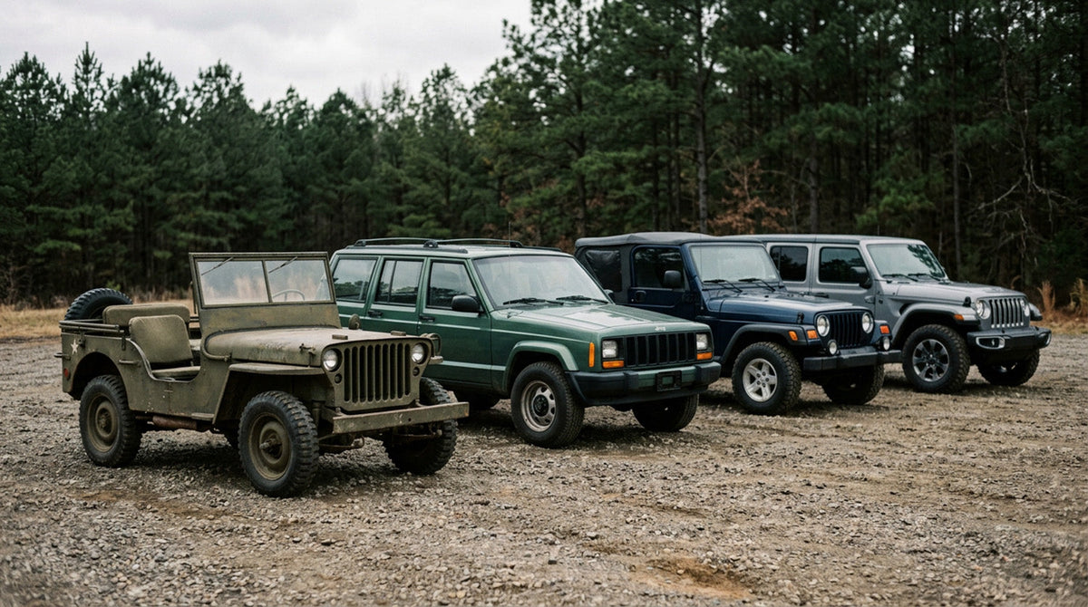 Four generations of Jeep lined up on a gravel lot, from a 1940s flat-fender military Jeep to a modern four-door Wrangler