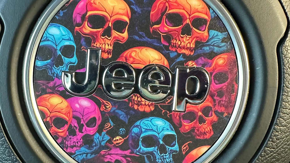 Jeep steering wheel with carbon fiber decal overlay on JL Wrangler