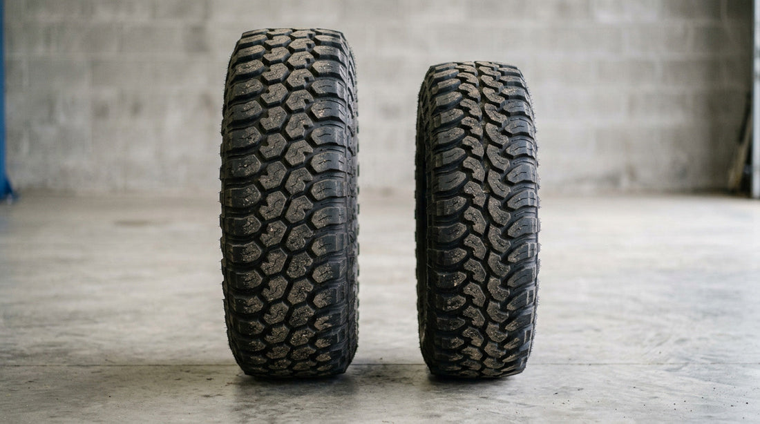 Two all-terrain tires standing side by side on a shop floor showing the difference in overall diameter