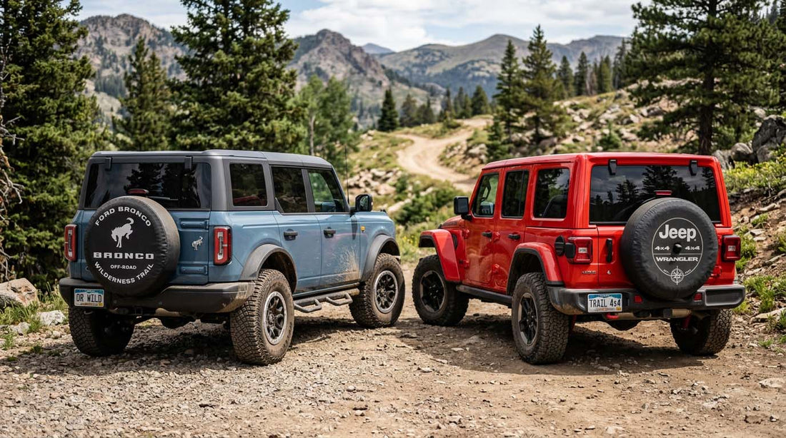 Jeep Wrangler and Ford Bronco rear-mounted spare tire with backup camera and a camera-hole tire cover