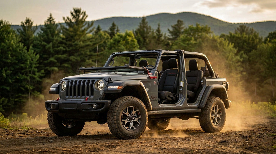 A Jeep Wrangler Rubicon on a dirt trail with the front doors removed and the windshield folded flat onto the hood