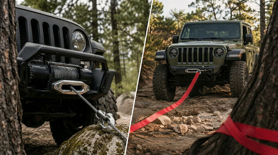 Split image of a Jeep Wrangler front winch with steel cable and hook, and a green Jeep Gladiator on a rocky forest trail with a red recovery strap anchored to a tree