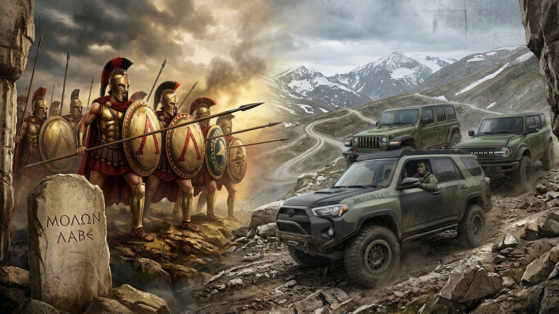 Molon Labe Spartan helmet decal on a Jeep hood, illustrating the ancient Greek phrase meaning come and take them