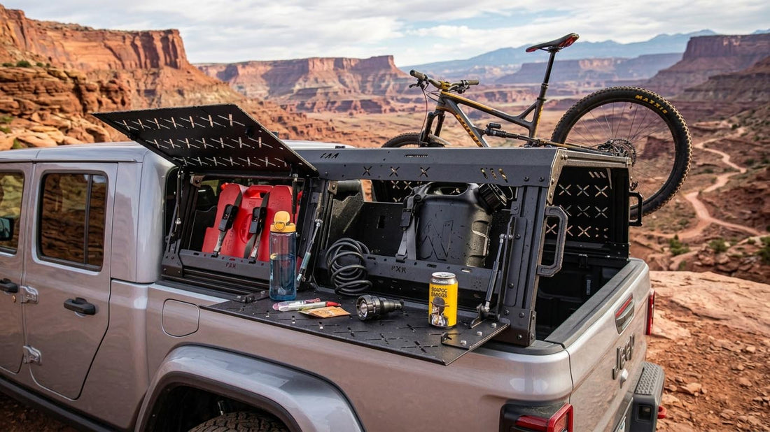 Overland gear and storage packed low and centered in the cargo area of an adventure rig