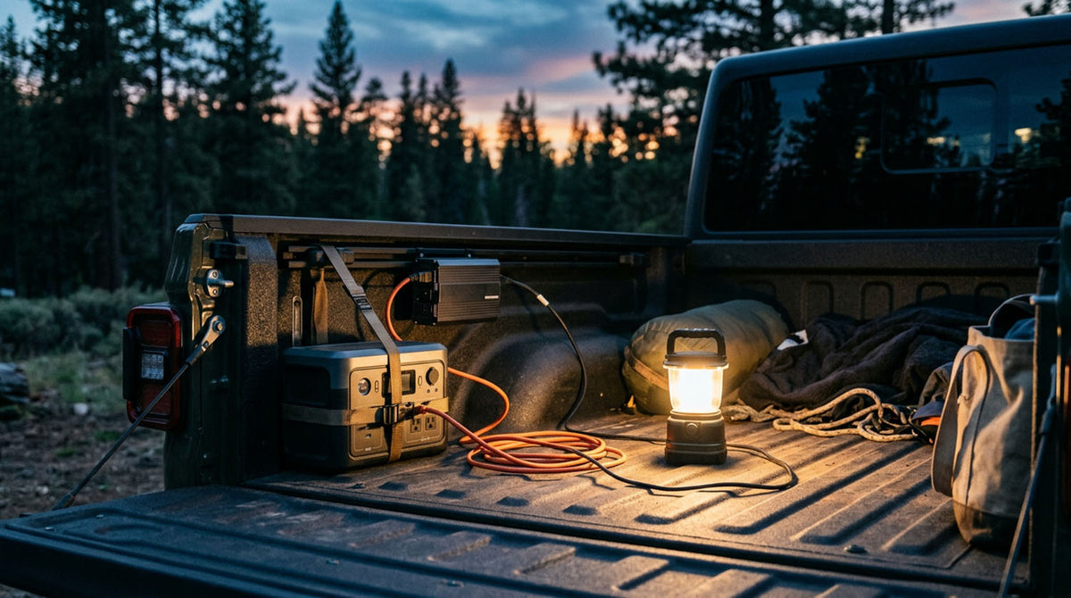 Portable power station and inverter secured in the bed of a Jeep Gladiator at dusk, powering a lit camp lantern with a pine treeline behind