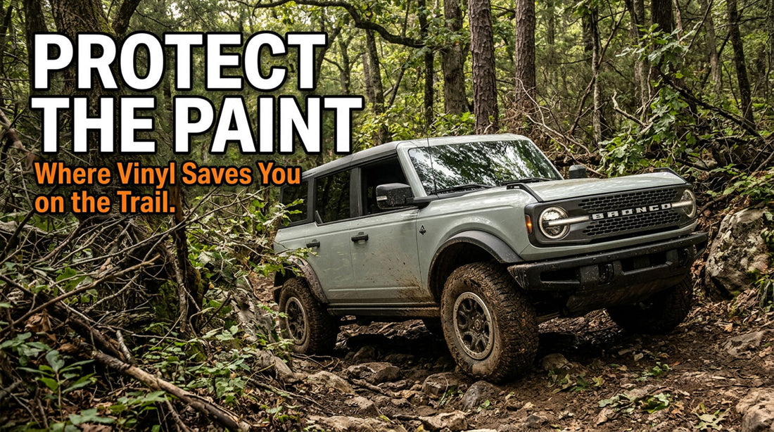 A cactus gray four-door Ford Bronco crawling over roots and rock on a narrow, densely wooded forest trail, under a headline reading Protect the Paint, Where Vinyl Saves You on the Trail