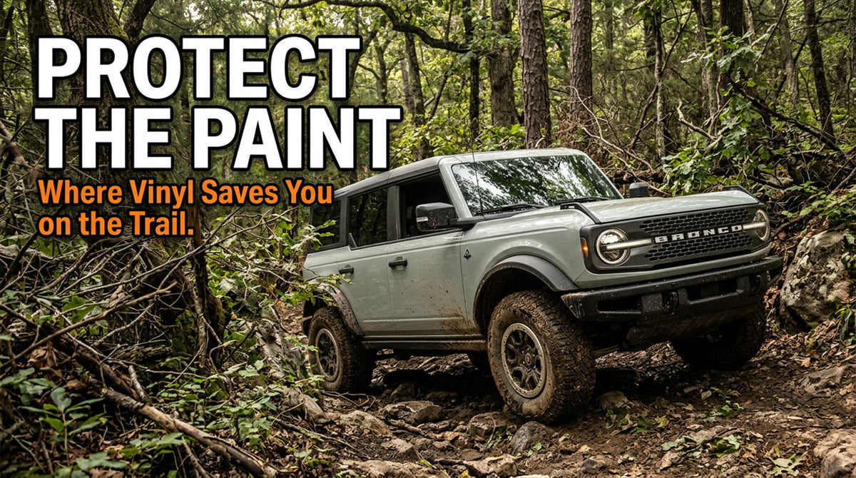 A cactus gray four-door Ford Bronco crawling over roots and rock on a narrow, densely wooded forest trail, under a headline reading Protect the Paint, Where Vinyl Saves You on the Trail