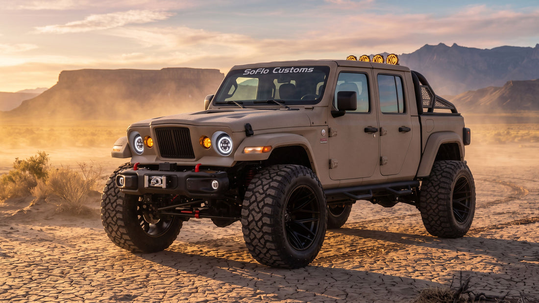 SoFlo Customs Kaizer Edition Jeep Gladiator in tan Kevlar armor finish with roll cage, light bar, and 40-inch off-road tires