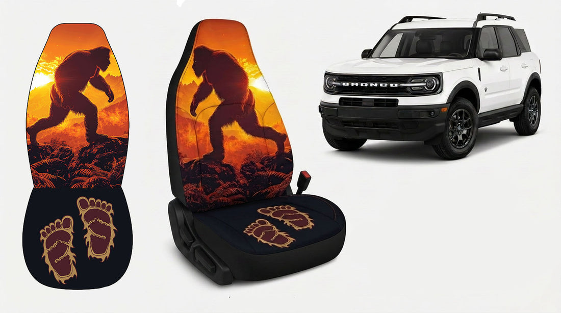 Universal fit Bigfoot seat covers shown flat and installed on a front bucket seat, beside a white Ford Bronco Sport
