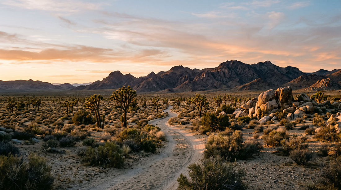 A sandy two-track trail winding through Joshua trees and granite boulders in the West Mojave Desert at sunset, with a dark mountain range on the horizon