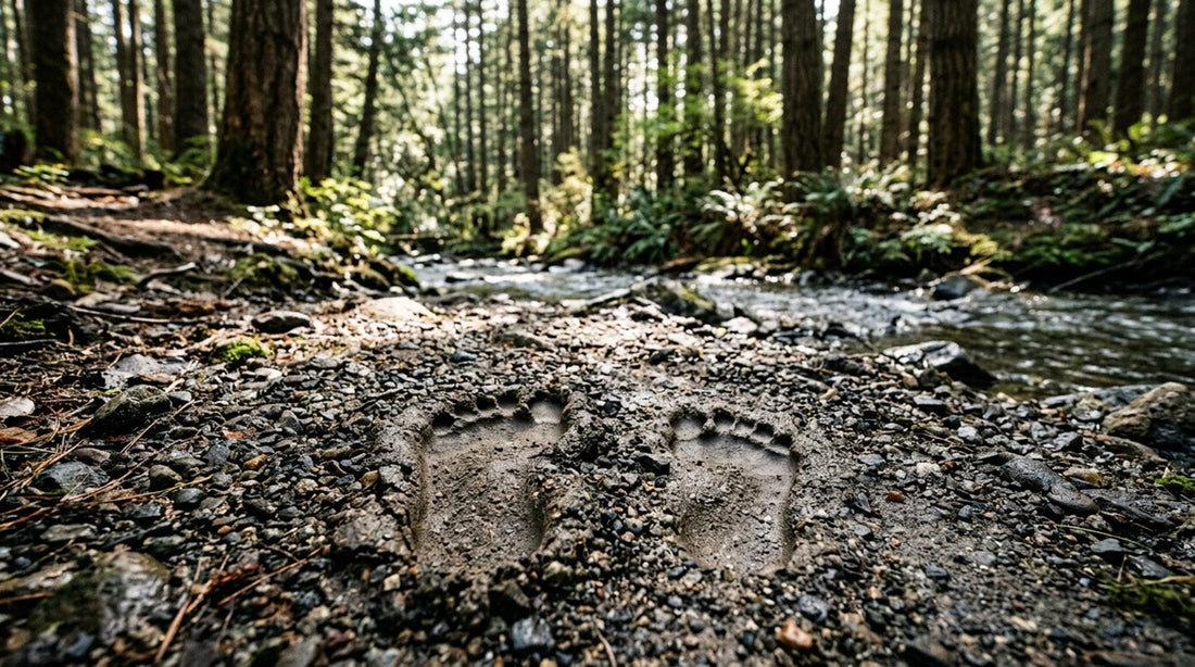 Two barefoot humanlike footprints of different sizes in the damp sand of a forest creek bank