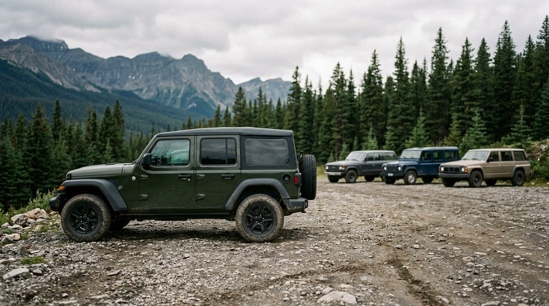 A row of boxy off-road SUVs parked at a mountain trailhead lot on an overcast day