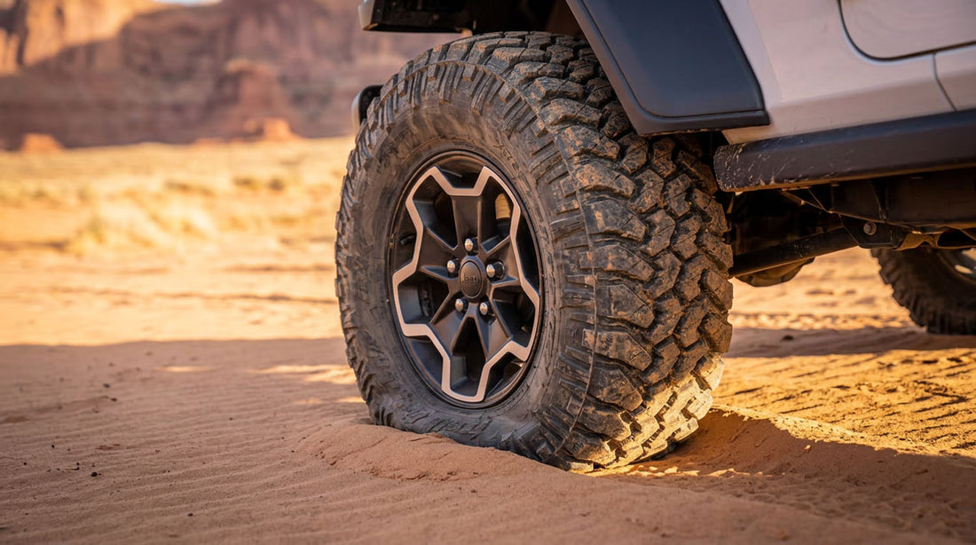 Aired-down mud-terrain tire on a Jeep Wrangler flattened into soft desert sand