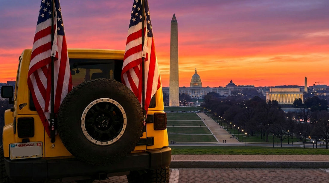 Yellow Jeep Wrangler with two American flags on rear flag poles at sunset, parked above the National Mall with the Washington Monument, the U.S. Capitol and the Lincoln Memorial in the distance