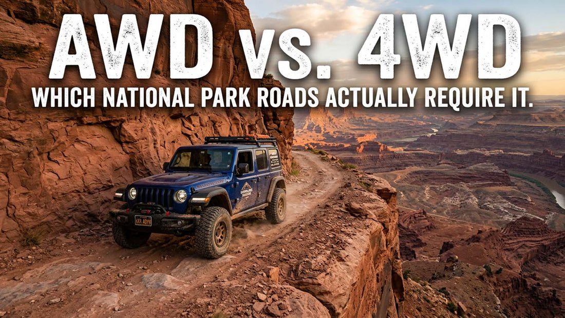 Blue Jeep Wrangler driving a narrow cliffside 4WD trail above a red rock canyon, illustrating AWD vs 4WD national park road requirements