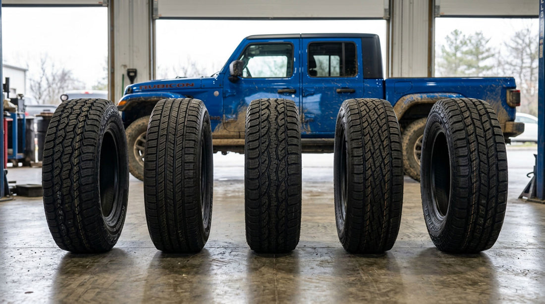 Five all-terrain tires with different tread patterns lined up on a shop floor in front of a mud splashed blue Jeep Gladiator Rubicon