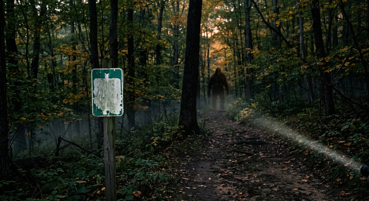 Tall dark Bigfoot silhouette standing on a misty dirt trail in an autumn hardwood forest at dusk, with a weathered blank green trail sign in the foreground and a flashlight beam cutting across the path