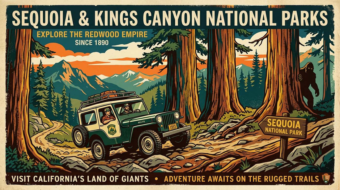 Retro off-road adventure poster of a rugged 4x4 on a redwood forest trail with a Bigfoot standing among the giant trees