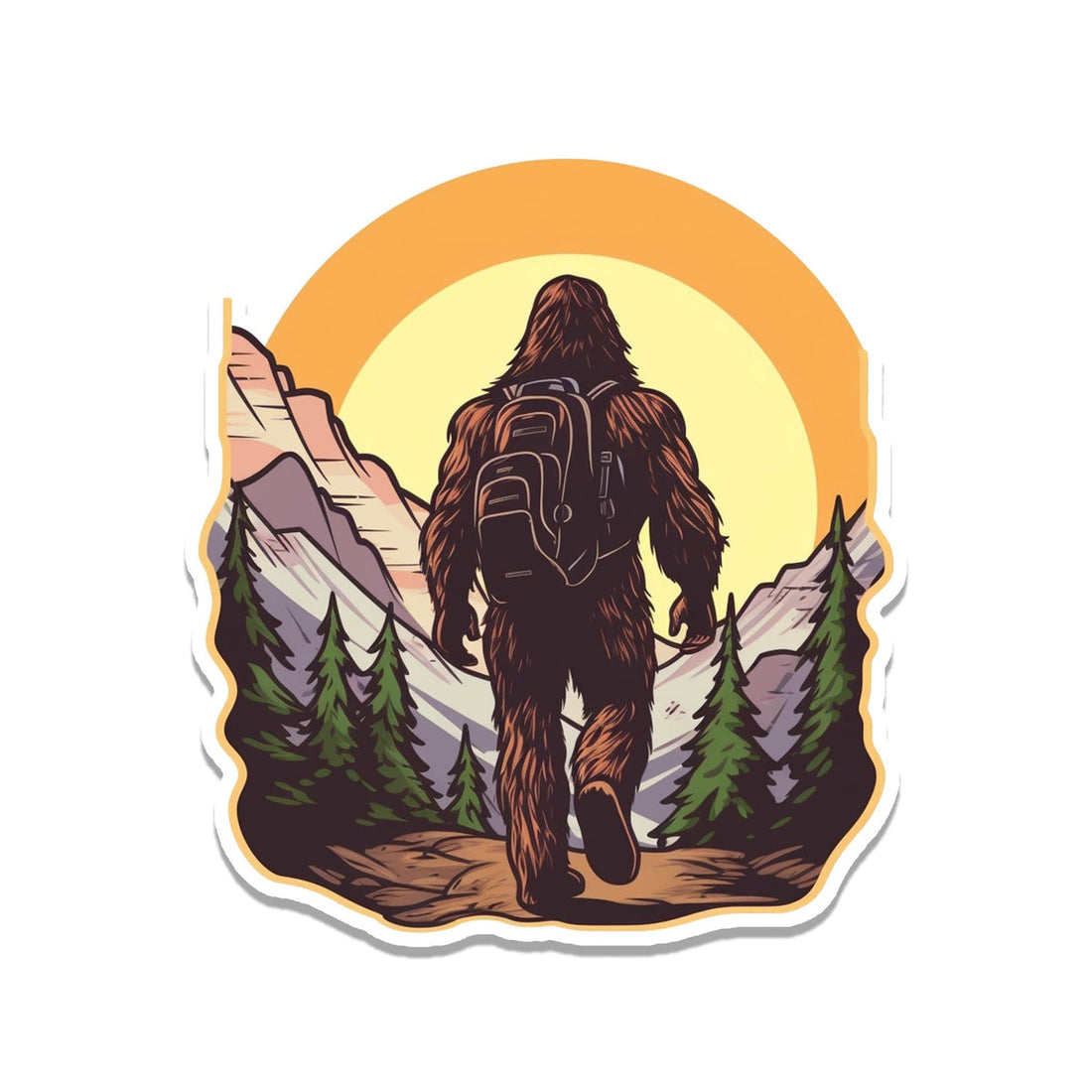 Printed vinyl sticker of Bigfoot seen from behind wearing a backpack, hiking a pine-lined trail toward glowing yellow sunrise mountains