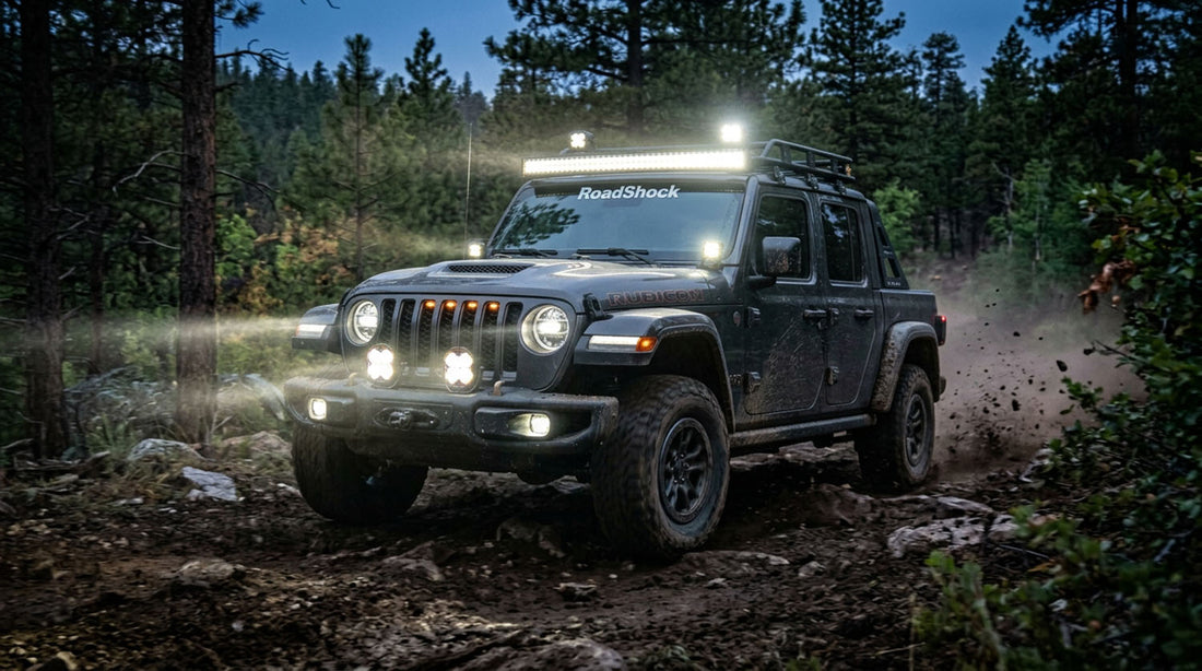 Jeep Gladiator Rubicon on a rocky forest trail at dusk with bumper pod lights, A-pillar ditch lights, and a roof light bar switched on, beams cutting through trail dust