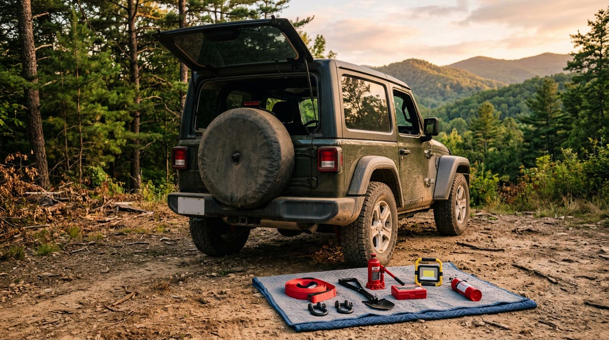 Green two-door Jeep Wrangler with its rear glass open at a wooded mountain trailhead at sunset, with budget recovery gear laid out on a moving blanket