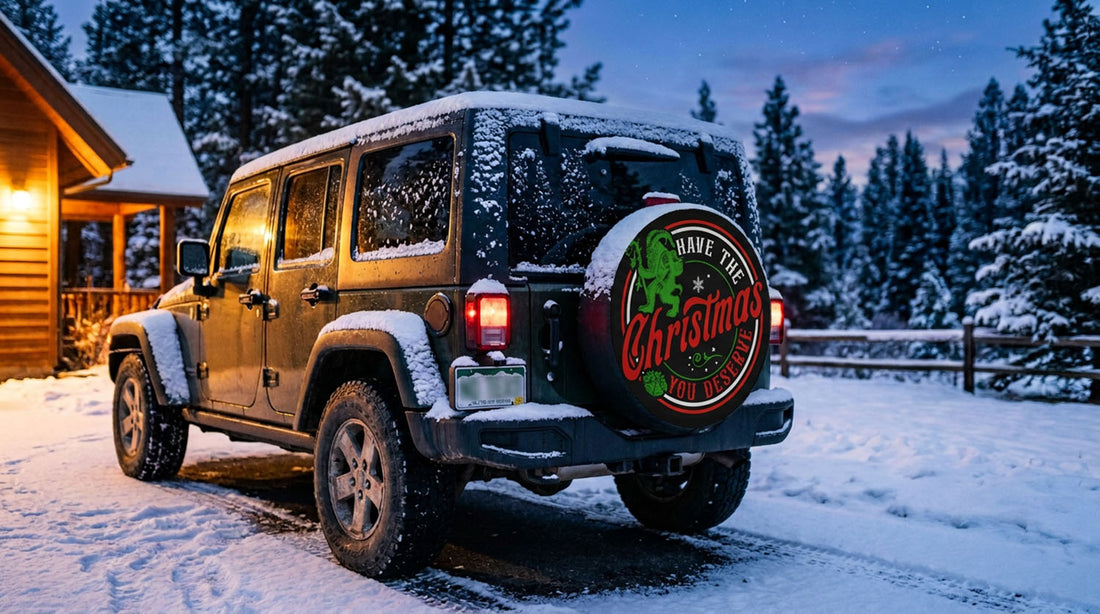 Christmas spare tire cover mounted on a Jeep Wrangler, holiday design facing the camera