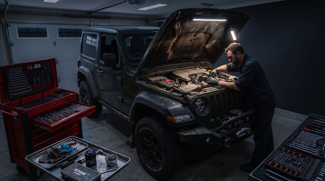 Owner working under the open hood of a Jeep Wrangler JL in a home garage at night, with a hanging work light, rolling tool chest, and an oil filter and drain pan on a tray
