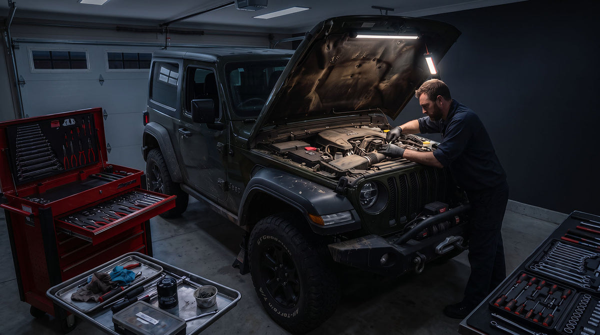 Owner working under the open hood of a Jeep Wrangler JL in a home garage at night, with a hanging work light, rolling tool chest, and an oil filter and drain pan on a tray