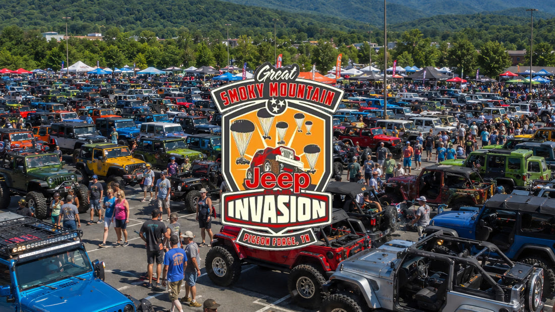 Aerial view of hundreds of Jeeps packing the Great Smoky Mountain Jeep Invasion field in Pigeon Forge, Tennessee